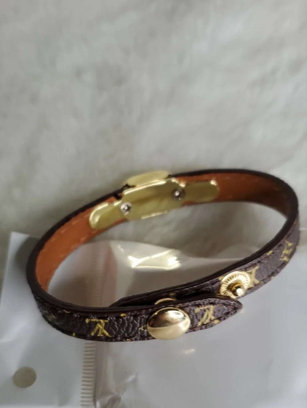 Lv  Brown Monogram Bracelet with Gold LV Emblem